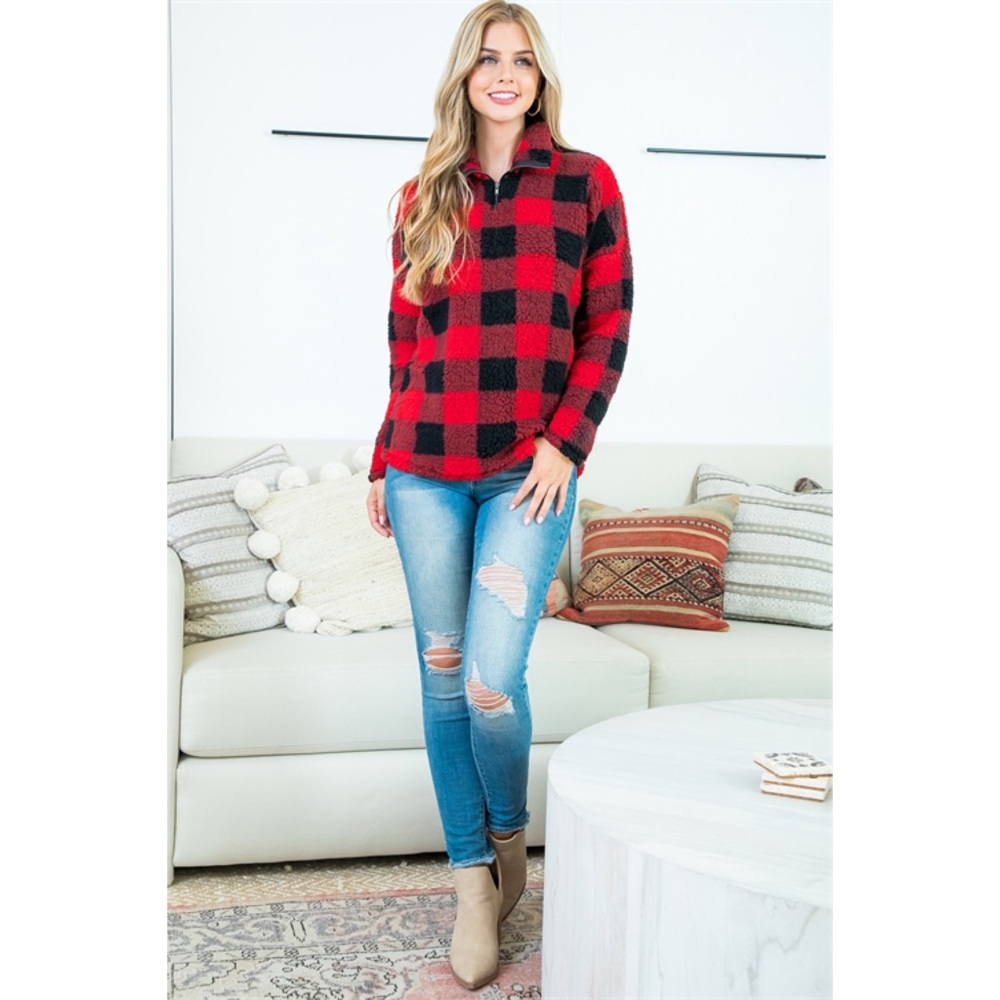 Buffalo Plaid Teddy Half Zip Pullover Jacket - Picture 8 of 9